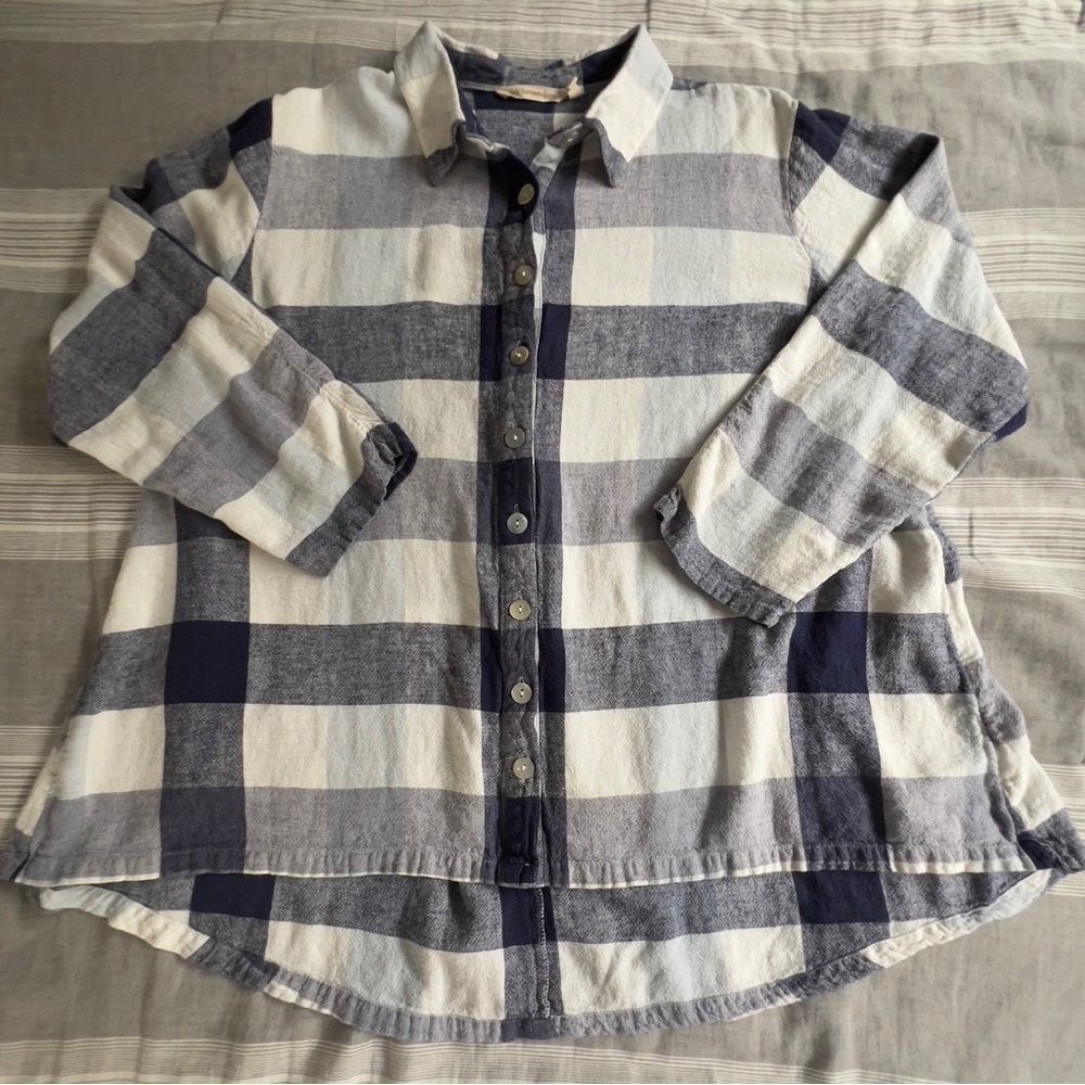 Soft Surroundings Carreaux Shirt Linen Blend Blue Plaid 3/4 Sleeve Zip Back 2X